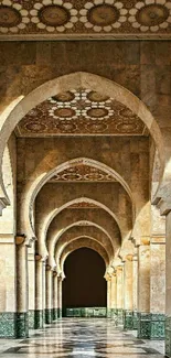 Elegant corridor with Islamic arches and intricate patterns in beige tones.