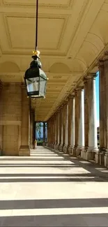 Elegant corridor with classic columns in sunshine.