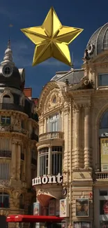 Elegant vintage building with a gold star in a blue sky backdrop.