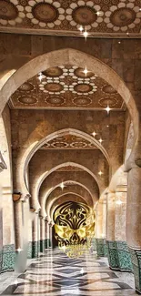 Beautiful archway with golden glow and intricate ceiling pattern.