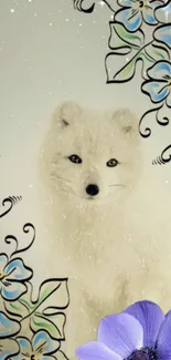 Arctic fox with floral art wallpaper in white and blue hues.