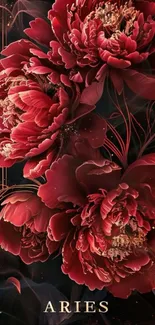 Intricate Aries floral wallpaper with red blooms.