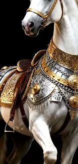 Intricately decorated white horse in armor.