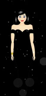 Art Deco woman in black dress against dark background.