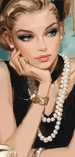 Art Deco style woman portrait with pearls and a coffee cup.