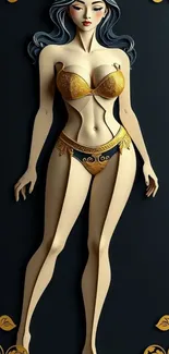 Elegant art deco wallpaper with golden accents and stylized figure.