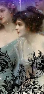 Art Nouveau wallpaper with ethereal figures, floral designs, and a starry background.