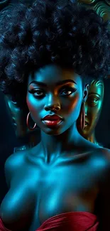 A vibrant artistic female portrait with teal and red hues.