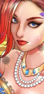 Elegant illustrated character with red hair and jewelry on a mobile wallpaper.