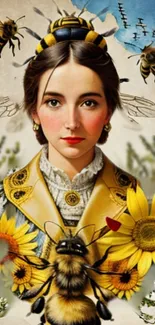 Artistic wallpaper featuring a woman in bee-themed attire with sunflowers.