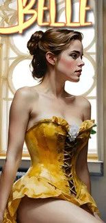 Elegant artwork wallpaper with woman in yellow dress.