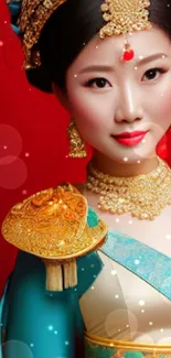 Elegant Asian woman in traditional attire with gold and turquoise accents on red background.