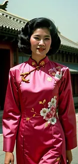 Woman in traditional Asian pink dress with floral embroidery in street background.