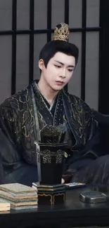 Person in elegant traditional Asian attire sitting on a chair with a black robe.