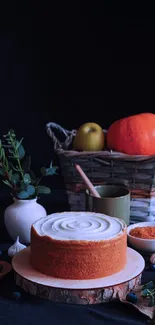 Elegant cake and fruit basket on a dark background.