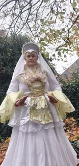 Elegant costume against autumn leaves in a lush garden.