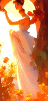 Ethereal woman in white gown surrounded by autumn foliage glowing in orange hues.