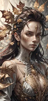 Mystical woman with golden autumn leaves and lace.