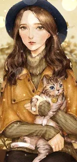 Autumn-themed artwork of a girl holding a cat in cozy attire.