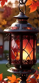 Elegant lantern with autumn leaves in a garden setting.