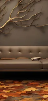 Elegant sofa with artistic branches and autumn leaves flooring.