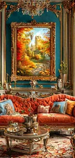 Elegant autumn-themed living room with vintage decor and artwork painting.