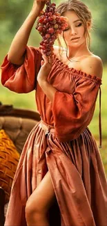 Woman in autumn dress with grapes on chair.