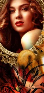 Elegant autumn-themed wallpaper with a portrait in a golden frame and a squirrel.