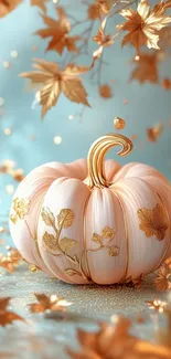 Elegant pumpkin with golden leaves in an autumn setting.