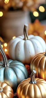 Elegant autumn decor with metallic pumpkins and warm lights.