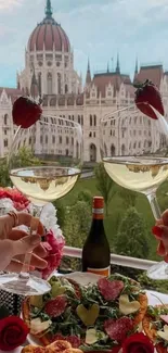 Elegant balcony dining with wine glasses and city view.