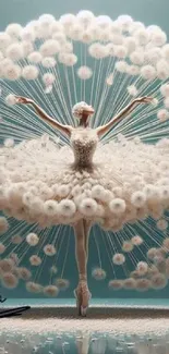 Elegant ballerina surrounded by dandelion-like fluff, in an artistic teal background.