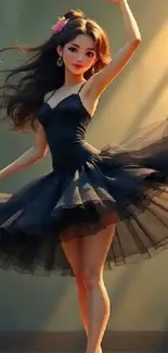 Elegant ballerina in dark dress posing against light background.