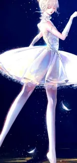 Elegant ballerina in white tutu with midnight blue background.