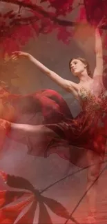 Ballerina in red dress dancing amid autumn leaves.