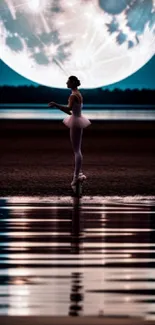 Ballerina in moonlight reflecting over calm waters, creating an elegant scene.