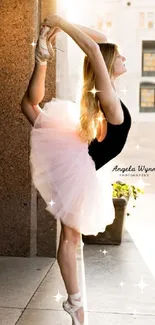 Ballerina in classic pose with soft lighting and warm tones, showcasing elegance.