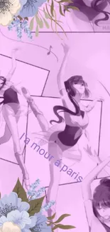 Anime ballerina wallpaper with pastel purple and floral accents.