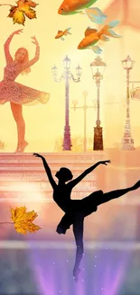 Surreal ballet dancers with fish and autumn leaves creating a dreamlike scene.