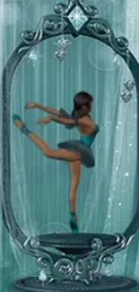 Elegant ballerina in fantasy art with teal backdrop.