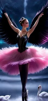 Fantasy ballerina with wings standing gracefully surrounded by swans.