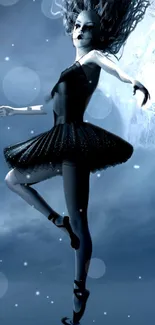 Ballerina in black dress dances gracefully in blue mist.