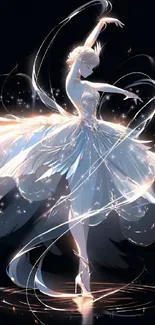 A graceful ballerina dances in luminous light with flowing ribbons.