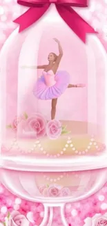 Mobile wallpaper of a ballerina in pink surrounded by roses and pearls.