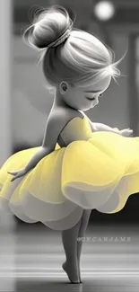 Animated ballerina in a yellow dress with an elegant pose on a mobile wallpaper.