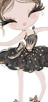 Illustration of ballerina in black tutu with gold accents on a phone wallpaper.