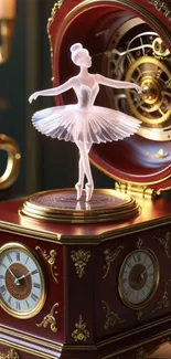 Ballerina figurine inside antique music box with clock