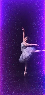 Ballerina dancing in neon lights with a sparkling purple background.