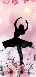 Ballerina silhouette with pink floral background.