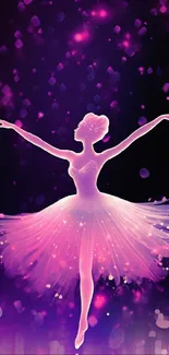 Elegant ballerina silhouette glowing in pink and purple hues on mobile wallpaper.